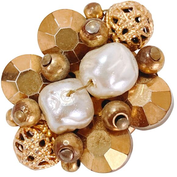 VTG Mid Century Clip On Earrings Faux Pearl Gold Tone Bead Cluster 1950s Baroque - Picture 2 of 11